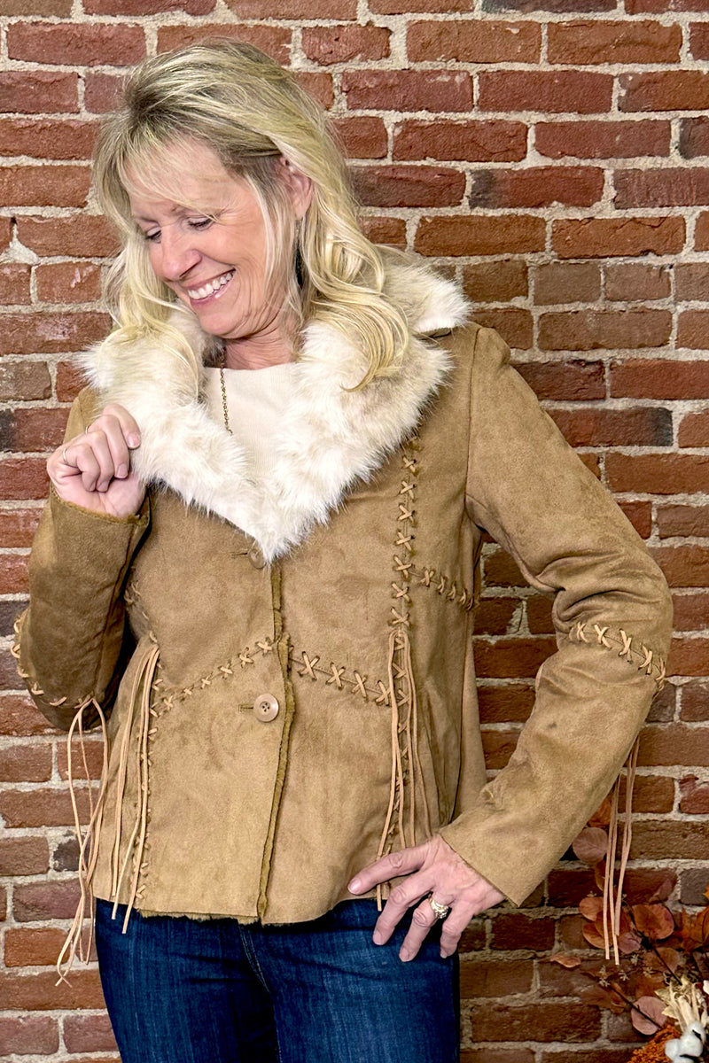 Faux Suede Light Brown Jacket with Fur Collar-Jacket-Montana Co-Gallop 'n Glitz- Women's Western Wear Boutique, Located in Grants Pass, Oregon