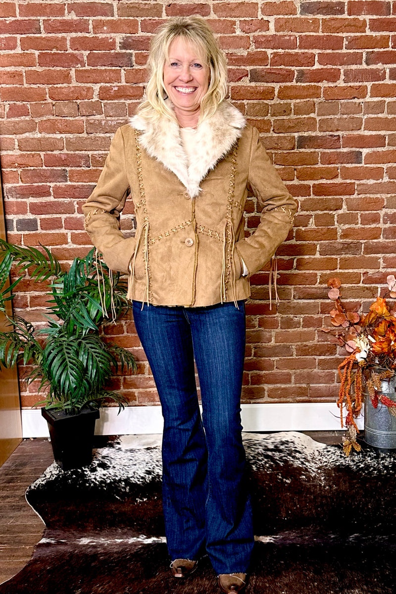 Faux Suede Light Brown Jacket with Fur Collar-Jacket-Montana Co-Gallop 'n Glitz- Women's Western Wear Boutique, Located in Grants Pass, Oregon