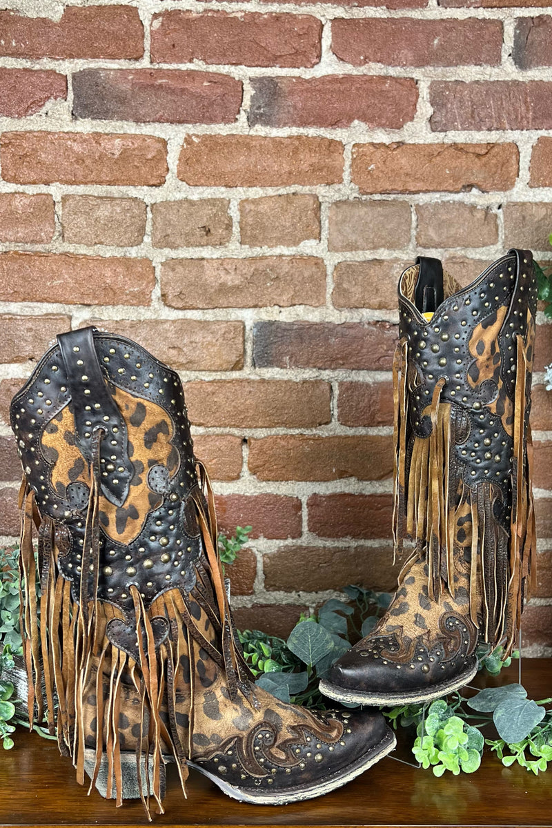 Leopard and Fringe Snip Toe Boot by Corral Boots-Boot-Corral Boots-Gallop 'n Glitz- Women's Western Wear Boutique, Located in Grants Pass, Oregon