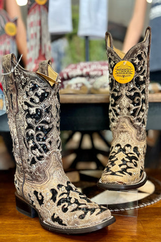 WIDE - Corral Floral Embroidered Sequin Inlay Square Toe Boot-Women's Boot-Corral Boots-Gallop 'n Glitz- Women's Western Wear Boutique, Located in Grants Pass, Oregon