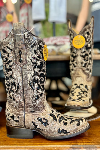 WIDE - Corral Floral Embroidered Sequin Inlay Square Toe Boot-Women's Boot-Corral Boots-Gallop 'n Glitz- Women's Western Wear Boutique, Located in Grants Pass, Oregon
