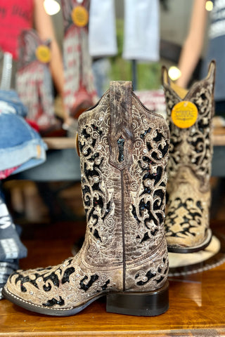 WIDE - Corral Floral Embroidered Sequin Inlay Square Toe Boot-Women's Boot-Corral Boots-Gallop 'n Glitz- Women's Western Wear Boutique, Located in Grants Pass, Oregon