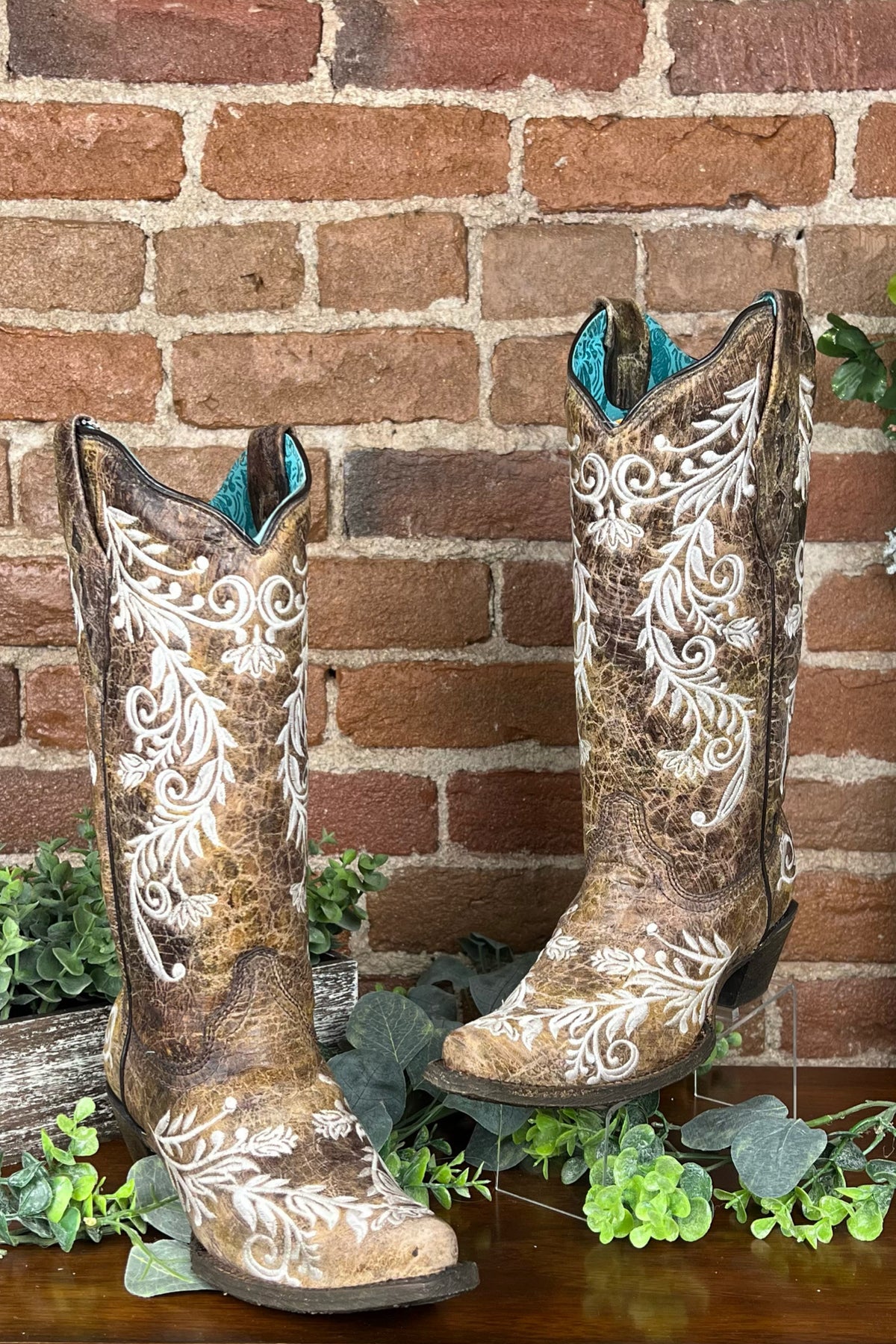Distressed Brown Leather Snip Toe Boot with Embroidery by Corral Boots-Boot-Corral Boots/Circle G by Corral Boots-Gallop 'n Glitz- Women's Western Wear Boutique, Located in Grants Pass, Oregon
