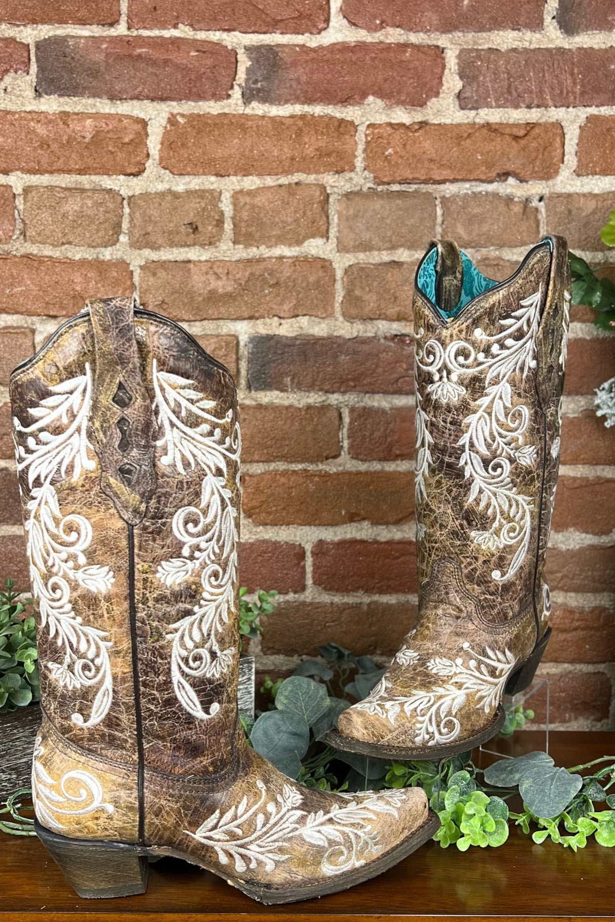 Distressed Brown Leather Snip Toe Boot with Embroidery by Corral Boots-Boot-Corral Boots/Circle G by Corral Boots-Gallop 'n Glitz- Women's Western Wear Boutique, Located in Grants Pass, Oregon
