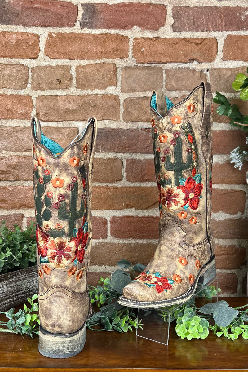 Cactus and Floral Embroidered Square Toe Boot by Corral Boots-Women's Boot-Corral Boots-Gallop 'n Glitz- Women's Western Wear Boutique, Located in Grants Pass, Oregon