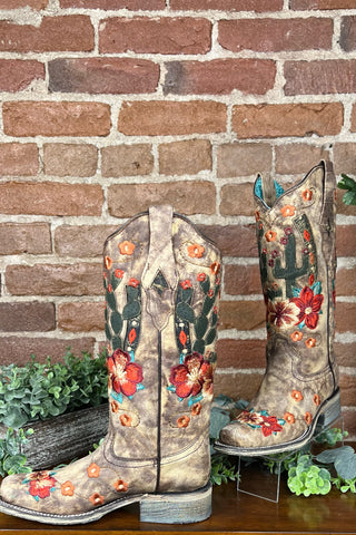 Cactus and Floral Embroidered Square Toe Boot by Corral Boots-Women's Boot-Corral Boots-Gallop 'n Glitz- Women's Western Wear Boutique, Located in Grants Pass, Oregon