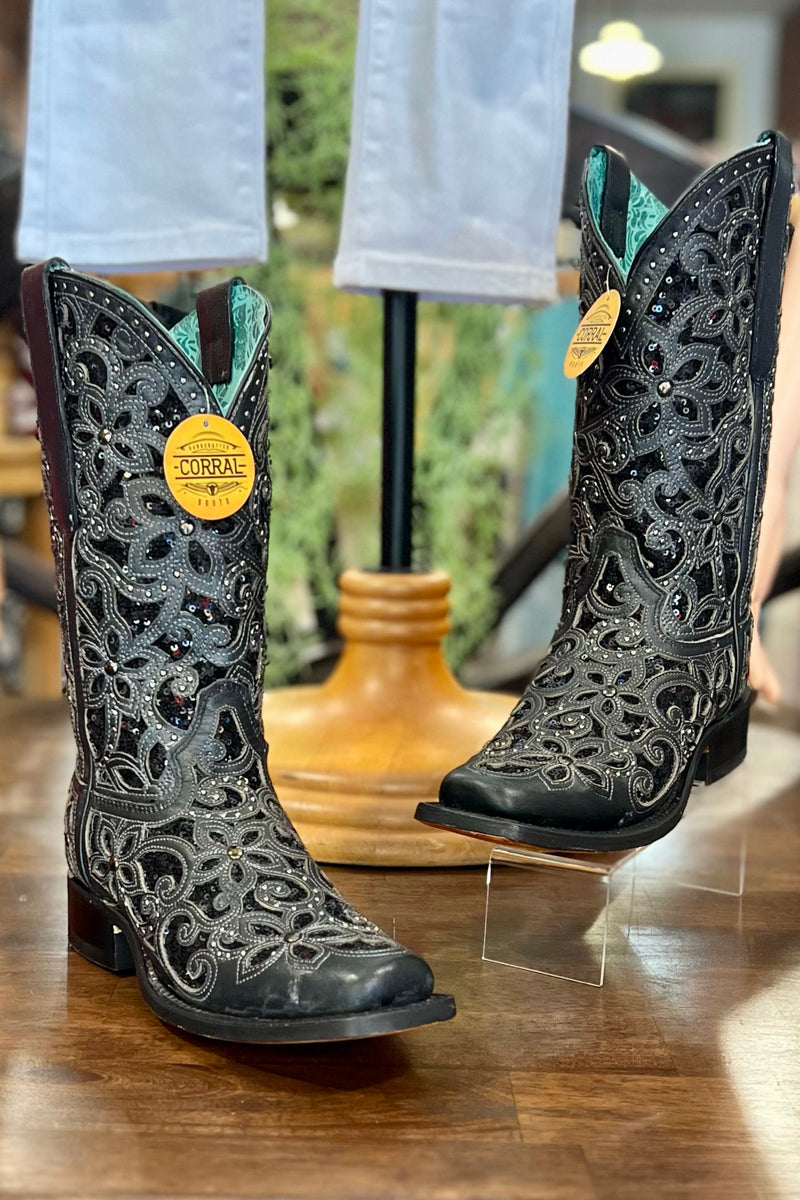 Corral Ladies Black Inlay Embroidered & Stud Square Toe-Ladies Boot-Corral Boots-Gallop 'n Glitz- Women's Western Wear Boutique, Located in Grants Pass, Oregon