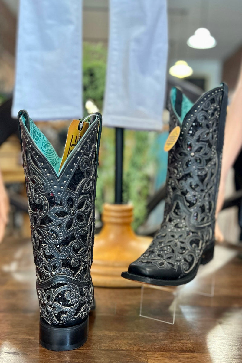 Corral Ladies Black Inlay Embroidered & Stud Square Toe-Women's Boot-Corral Boots-Gallop 'n Glitz- Women's Western Wear Boutique, Located in Grants Pass, Oregon