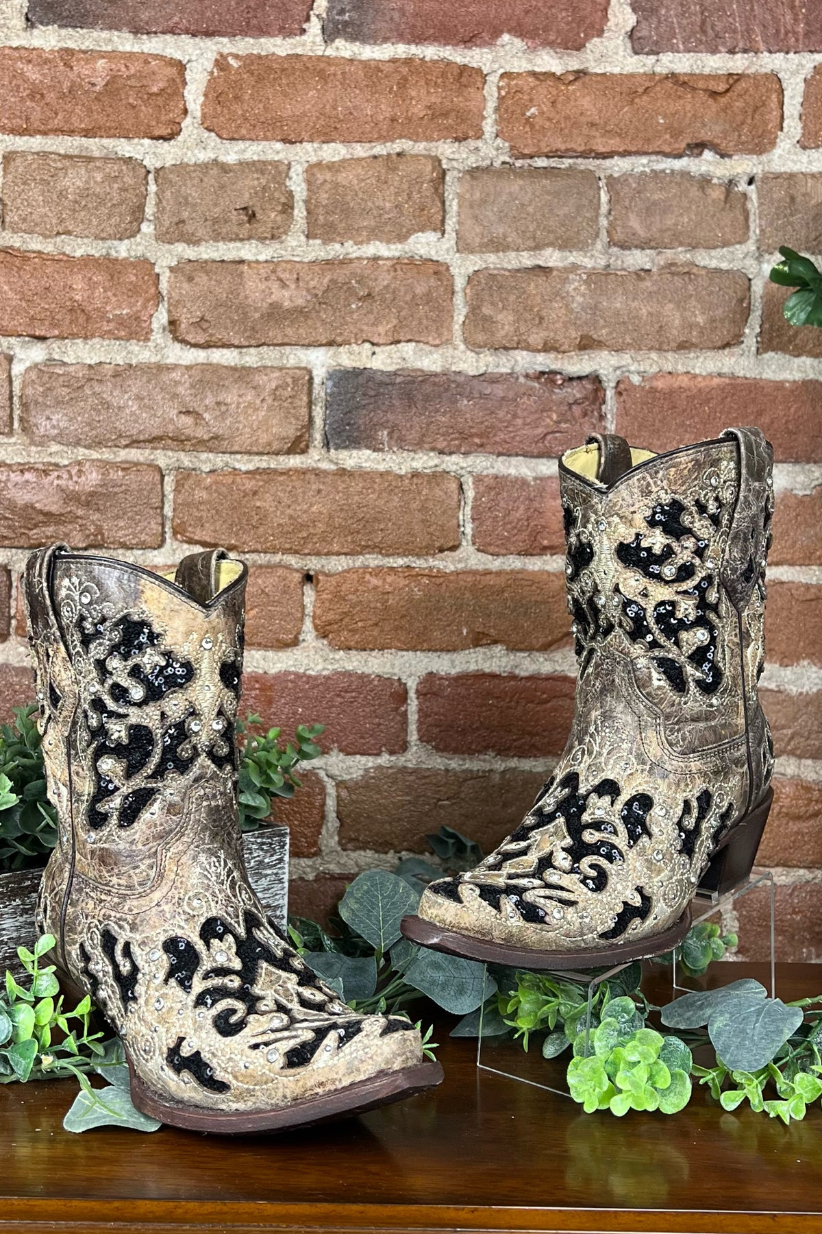 WIDE Brown Crystal & Sequin Ankle Boot by Corral Boots-Boot-Corral Boots/Circle G by Corral Boots-Gallop 'n Glitz- Women's Western Wear Boutique, Located in Grants Pass, Oregon