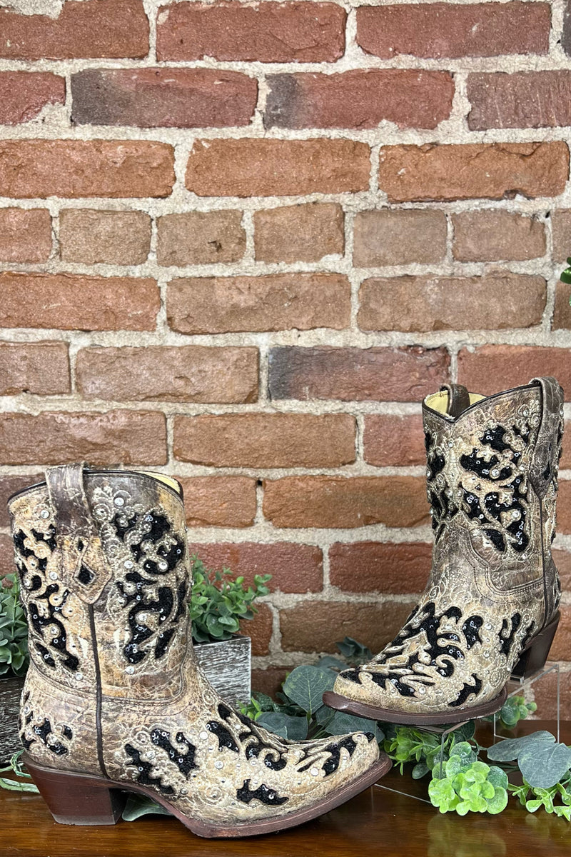 WIDE Brown Crystal & Sequin Ankle Boot by Corral Boots-Women's Boot-Corral Boots-Gallop 'n Glitz- Women's Western Wear Boutique, Located in Grants Pass, Oregon