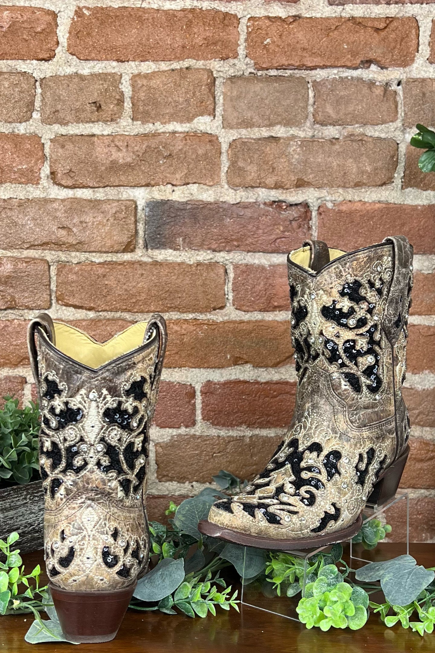 WIDE Brown Crystal & Sequin Ankle Boot by Corral Boots-Boot-Corral Boots-Gallop 'n Glitz- Women's Western Wear Boutique, Located in Grants Pass, Oregon
