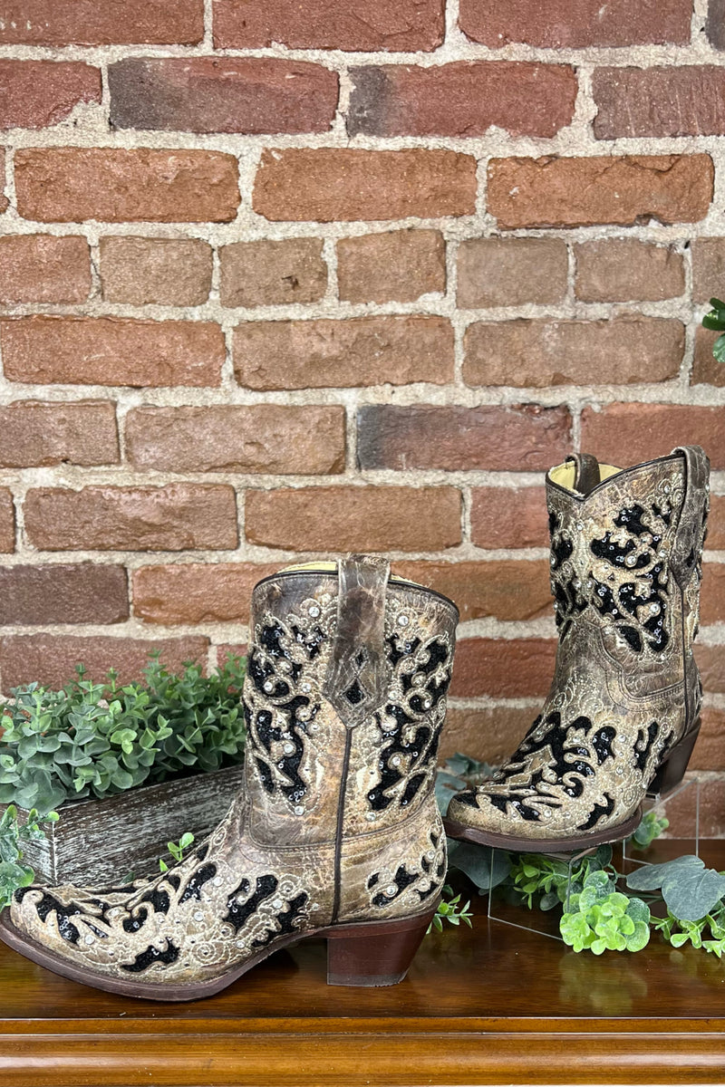 WIDE Brown Crystal & Sequin Ankle Boot by Corral Boots-Boot-Corral Boots-Gallop 'n Glitz- Women's Western Wear Boutique, Located in Grants Pass, Oregon