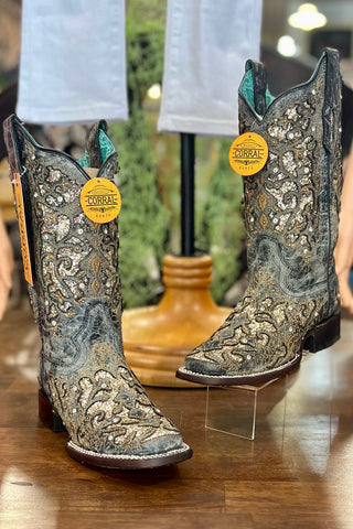 Corral Women's Black Glitter Inlay w/Studs & Crystals-Women's Boot-Corral Boots-Gallop 'n Glitz- Women's Western Wear Boutique, Located in Grants Pass, Oregon