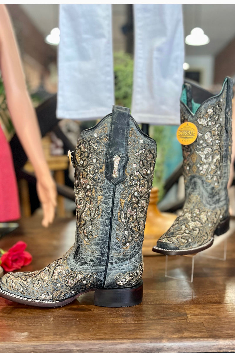 Corral Women's Black Glitter Inlay w/Studs & Crystals-Women's Boot-Corral Boots-Gallop 'n Glitz- Women's Western Wear Boutique, Located in Grants Pass, Oregon