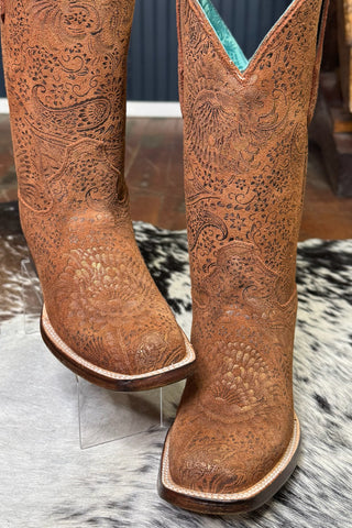 Metallic Floral Embossed Brown Square Toe Boot by Corral Boots-Women's Boot-Corral Boots-Gallop 'n Glitz- Women's Western Wear Boutique, Located in Grants Pass, Oregon