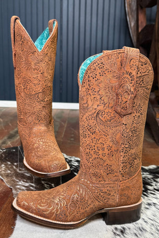 Metallic Floral Embossed Brown Square Toe Boot by Corral Boots-Women's Boot-Corral Boots-Gallop 'n Glitz- Women's Western Wear Boutique, Located in Grants Pass, Oregon