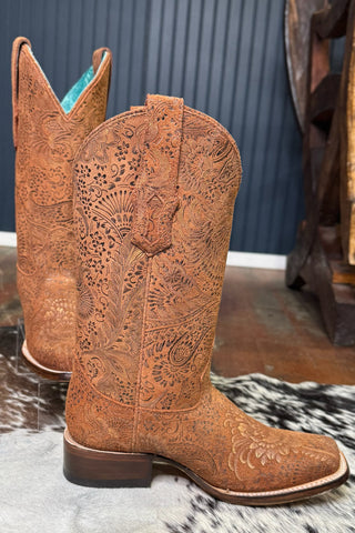 Metallic Floral Embossed Brown Square Toe Boot by Corral Boots-Women's Boot-Corral Boots-Gallop 'n Glitz- Women's Western Wear Boutique, Located in Grants Pass, Oregon