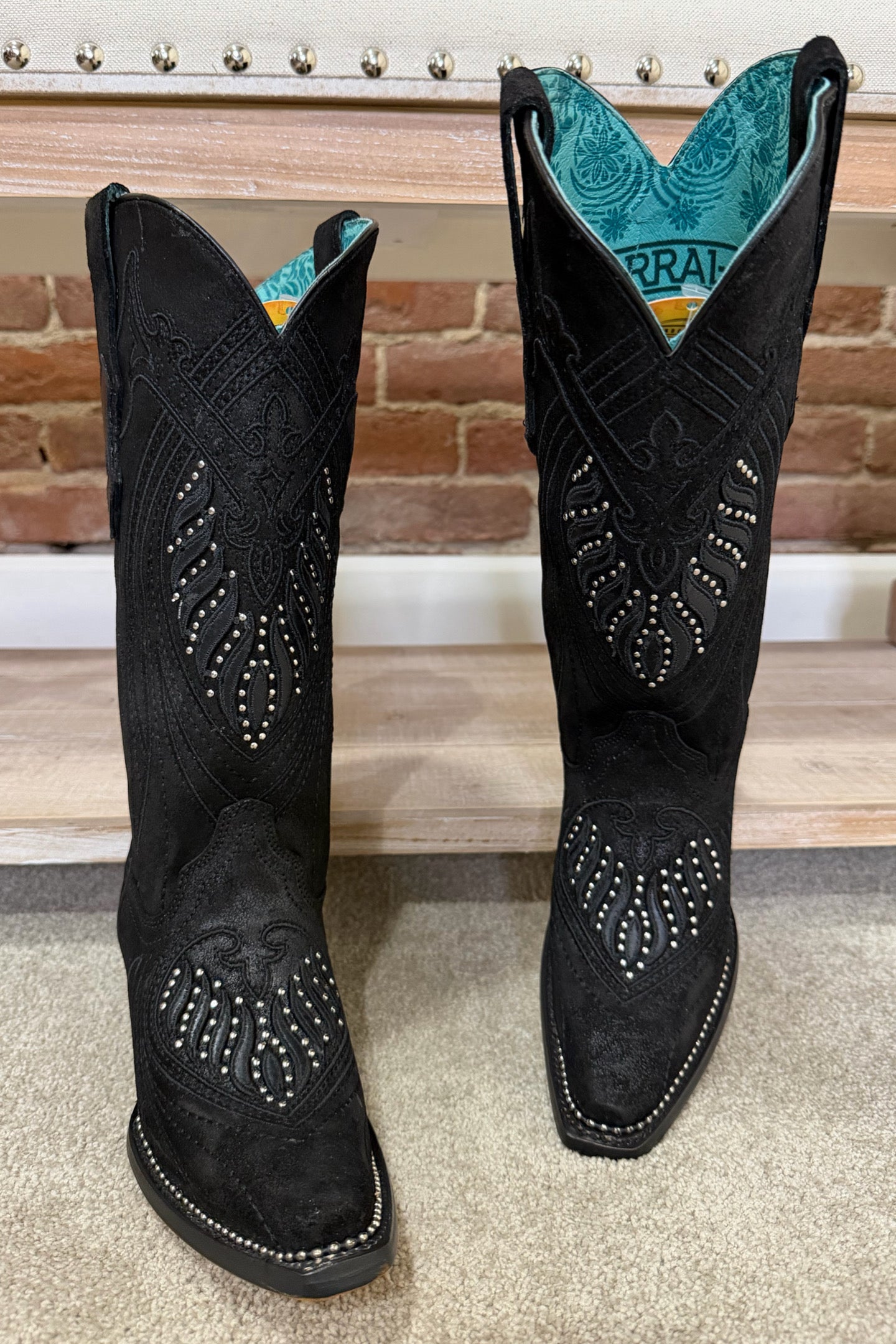 Black Studded and Embroidered Snip Toe Boot by Corral Boots-Women's Boot-Corral Boots-Gallop 'n Glitz- Women's Western Wear Boutique, Located in Grants Pass, Oregon