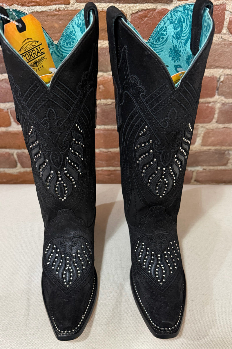 Black Studded and Embroidered Snip Toe Boot by Corral Boots-Women's Boot-Corral Boots-Gallop 'n Glitz- Women's Western Wear Boutique, Located in Grants Pass, Oregon