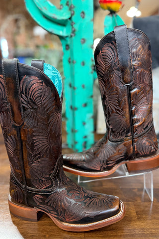 LD Black/Honey Floral Embroidered Square Toe Boot by Corral-Women's Boot-Corral Boots-Gallop 'n Glitz- Women's Western Wear Boutique, Located in Grants Pass, Oregon