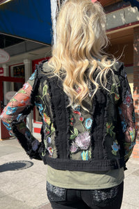 Black Denim 'n Lace Floral Embroidered Jacket-Jacket-Adore-Gallop 'n Glitz- Women's Western Wear Boutique, Located in Grants Pass, Oregon