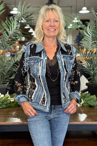 Denim 'n Black Lace Floral Embroidered Jacket-Jacket-Adore-Gallop 'n Glitz- Women's Western Wear Boutique, Located in Grants Pass, Oregon