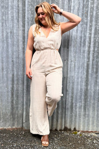 Pinstriped V-Neck Jumpsuit with Cutout-Jumpsuit-Allie Rose-Gallop 'n Glitz- Women's Western Wear Boutique, Located in Grants Pass, Oregon
