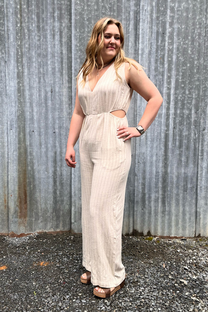 Pinstriped V-Neck Jumpsuit with Cutout-Jumpsuit-Allie Rose-Gallop 'n Glitz- Women's Western Wear Boutique, Located in Grants Pass, Oregon
