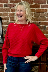 Soft Dolman Sleeved Herringbone Pullover - Red-top-Allie Rose-Gallop 'n Glitz- Women's Western Wear Boutique, Located in Grants Pass, Oregon