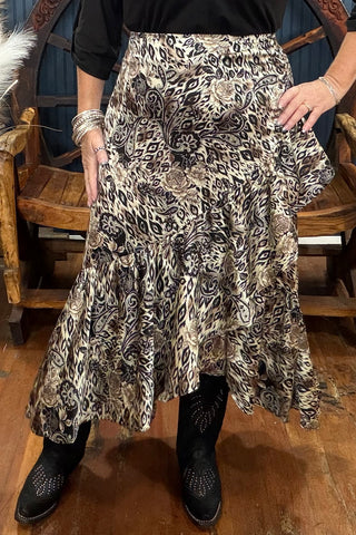 Cream/Black Mixed Print Ruffle Skirt-Skirt-ee:some-Gallop 'n Glitz- Women's Western Wear Boutique, Located in Grants Pass, Oregon