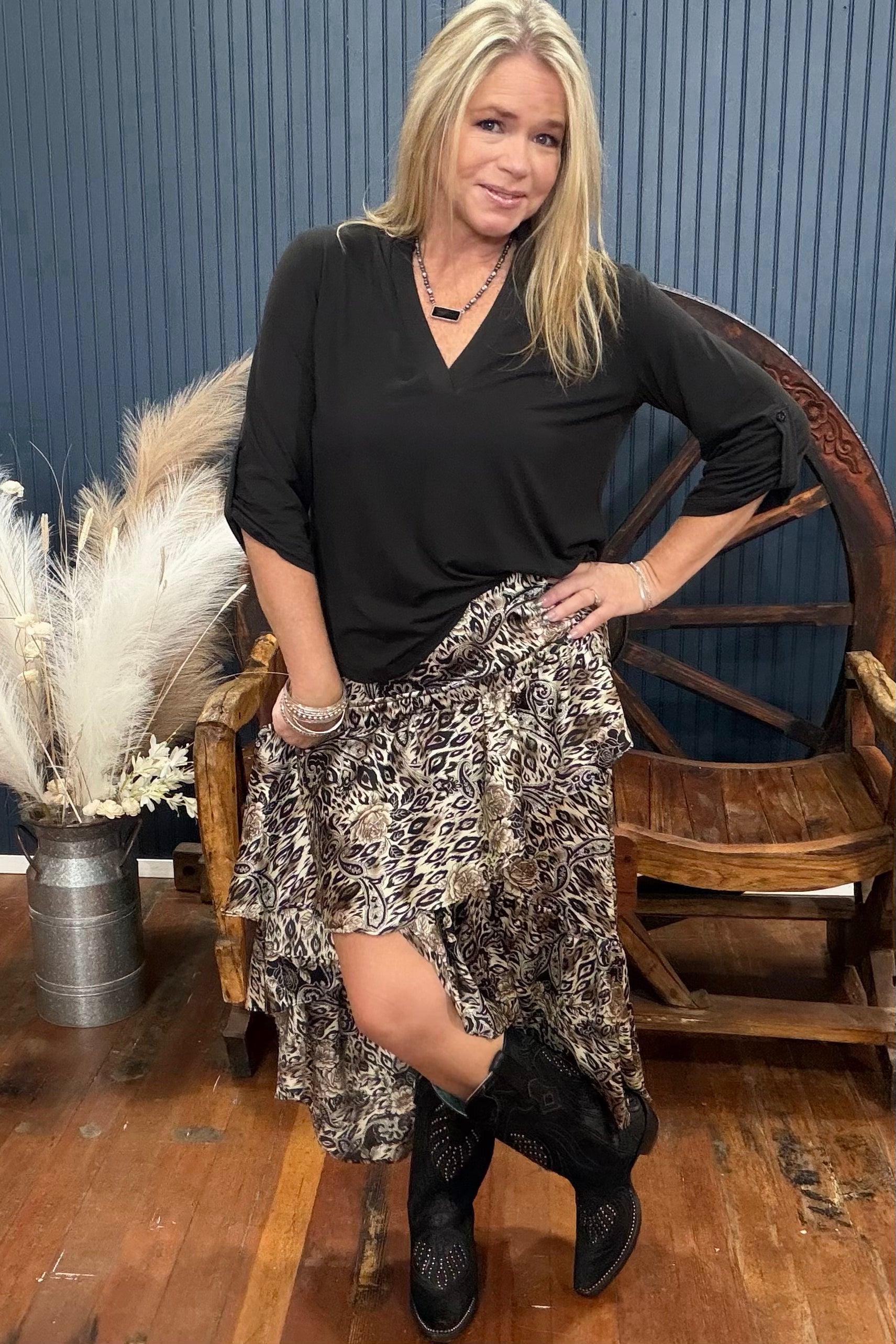 Cream/Black Mixed Print Ruffle Skirt