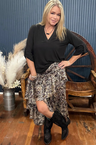 Cream/Black Mixed Print Ruffle Skirt-Skirt-ee:some-Gallop 'n Glitz- Women's Western Wear Boutique, Located in Grants Pass, Oregon