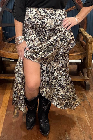 Cream/Black Mixed Print Ruffle Skirt-Skirt-ee:some-Gallop 'n Glitz- Women's Western Wear Boutique, Located in Grants Pass, Oregon