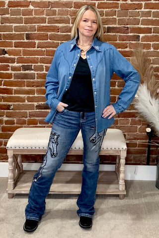 Boot Stitch Embroidered Snap Button Shirt-Top-Rockin A-Gallop 'n Glitz- Women's Western Wear Boutique, Located in Grants Pass, Oregon