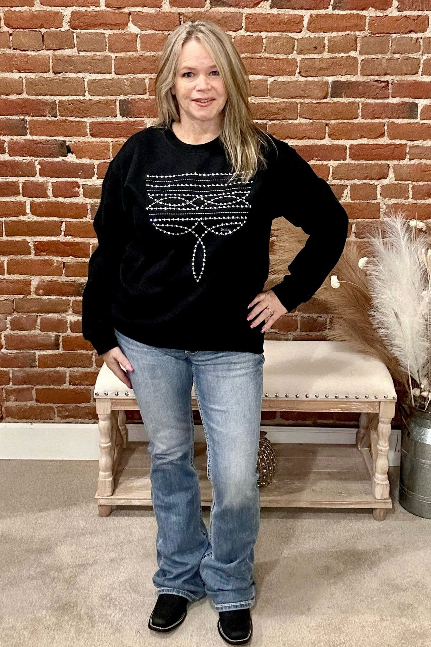 Rhinestone Bootstitch Pullover Sweatshirt - Black-Top-Raisin' Arrows-Gallop 'n Glitz- Women's Western Wear Boutique, Located in Grants Pass, Oregon