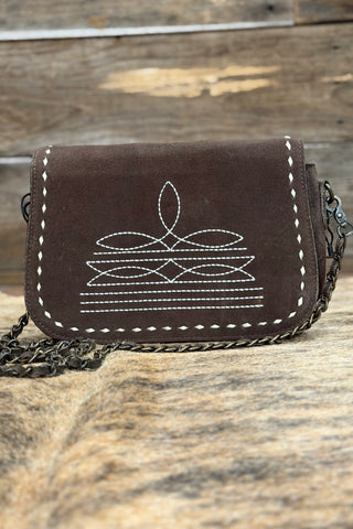 Brown Suede With White Embroidered Boot Stitch Bag