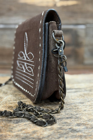 Brown Suede With White Embroidered Boot Stitch Bag