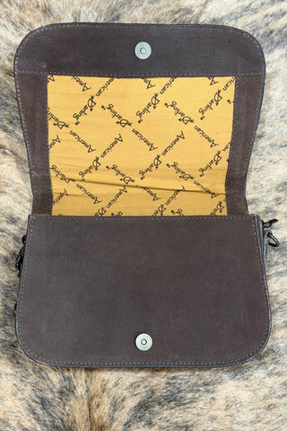 Brown Suede With White Embroidered Boot Stitch Bag