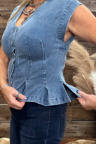 Button Front V-Neck Denim Top-Top-ee:some-Gallop 'n Glitz- Women's Western Wear Boutique, Located in Grants Pass, Oregon