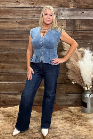 Button Front V-Neck Denim Top-Top-ee:some-Gallop 'n Glitz- Women's Western Wear Boutique, Located in Grants Pass, Oregon