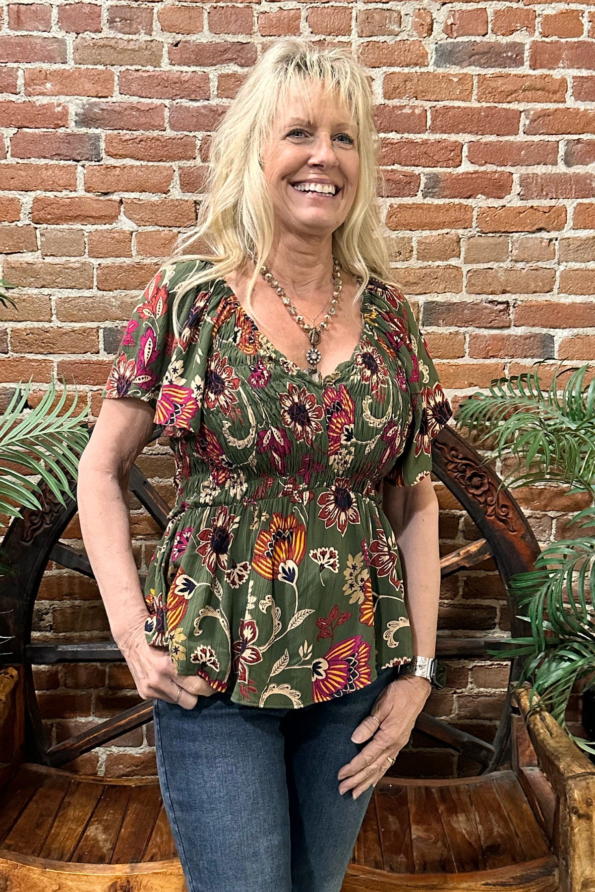 Floral Short Sleeve V-Neck By Angie-top-Angie-Gallop 'n Glitz- Women's Western Wear Boutique, Located in Grants Pass, Oregon