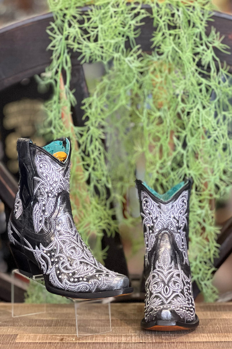 Corral Ladies Black & White Crystal Embroidered Snip Ankle Boots-Ladies Boot-Corral Boots-Gallop 'n Glitz- Women's Western Wear Boutique, Located in Grants Pass, Oregon