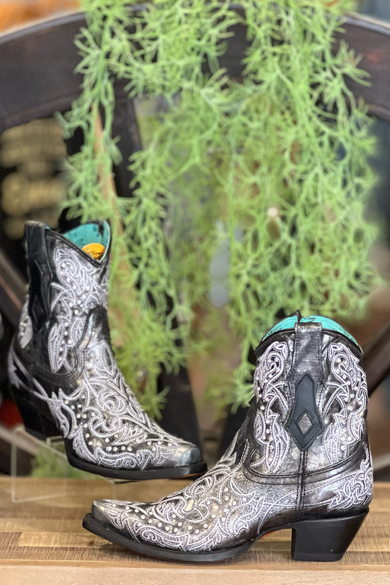 Corral Ladies Black & White Crystal Embroiders Snip Ankle Boots-Ladies Boot-Corral Boots/Circle G by Corral Boots-Gallop 'n Glitz- Women's Western Wear Boutique, Located in Grants Pass, Oregon