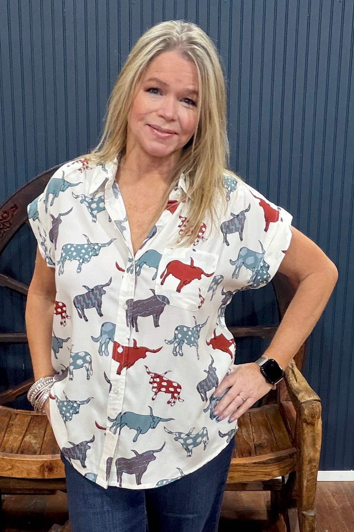 Artsy Longhorn Button Up Top-top-Cotton & Rye-Gallop 'n Glitz- Women's Western Wear Boutique, Located in Grants Pass, Oregon