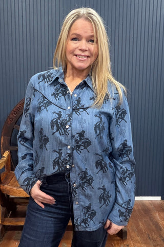 Bronco Ridin' Cowgirl Denim Top-Top-Cotton & Rye-Gallop 'n Glitz- Women's Western Wear Boutique, Located in Grants Pass, Oregon