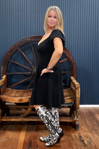Sassy Little Secret V-Neck Mini Dress - Black-Dress-Cozy Co-Gallop 'n Glitz- Women's Western Wear Boutique, Located in Grants Pass, Oregon