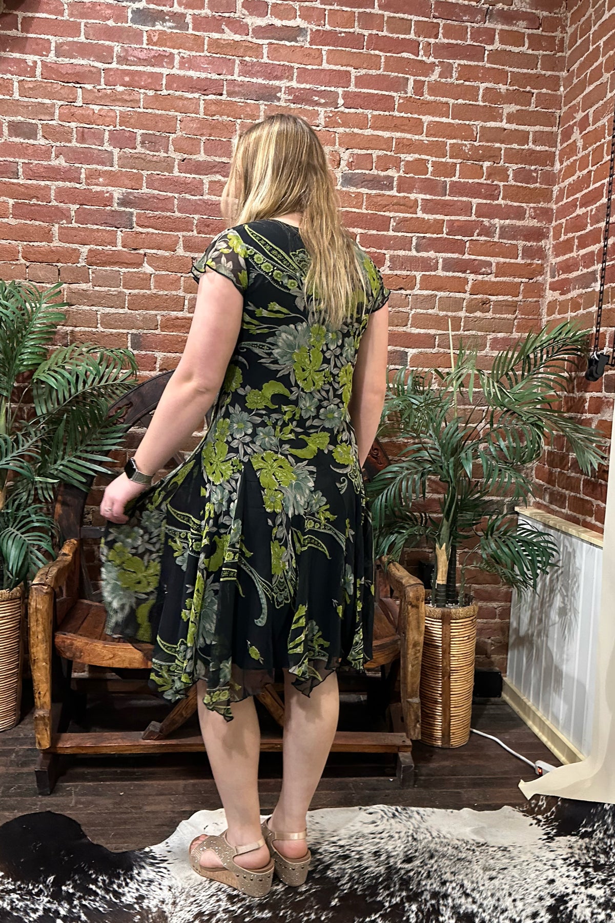 Black and Green Floral Print Dress with Beading-Dress-Lazy Daisy-Gallop 'n Glitz- Women's Western Wear Boutique, Located in Grants Pass, Oregon