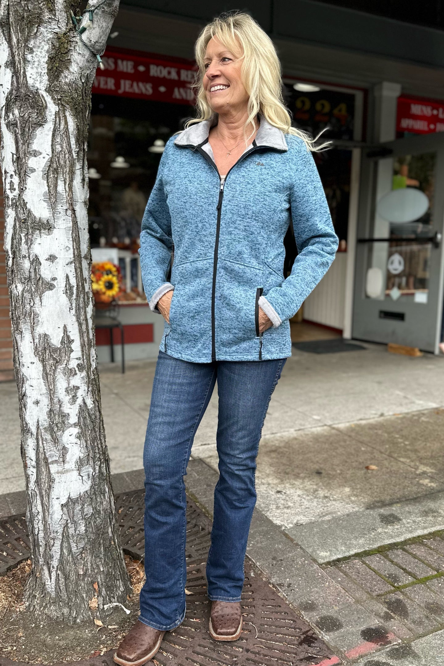 Women's Melange Micro Fur Baby Blue Jacket from Powder River by Panhandle-Jacket-Panhandle Slim-Gallop 'n Glitz- Women's Western Wear Boutique, Located in Grants Pass, Oregon