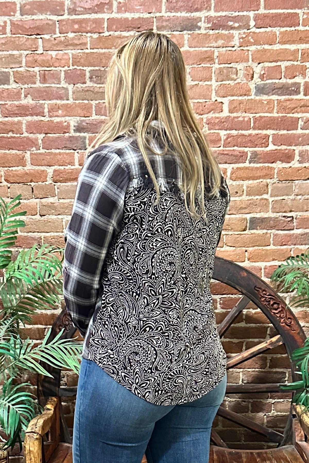 Plaid Button Top With Paisley Print Back-top-Lola P-Gallop 'n Glitz- Women's Western Wear Boutique, Located in Grants Pass, Oregon