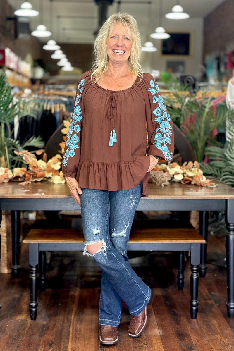 Floral Embroidered Top with Tasseled Tie-top-Lola P-Gallop 'n Glitz- Women's Western Wear Boutique, Located in Grants Pass, Oregon